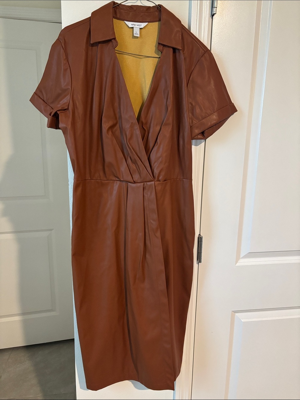 Nine West Brown Faux Leather Short Sleeve Wrap-Front Dress